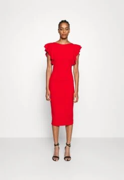 Contrast Frill Sleeve Midi Dress - Robe En Jersey - Red/Fuchsia