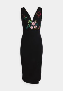 Wal G Embroidered V Neck Rose Midi - Robe De Soirée - Black Floral -Wal G 7ee8425516174b60b4cf9a1649393d8f